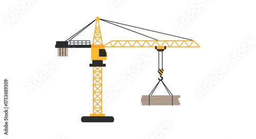 A yellow and black construction tower crane lifting a heavy concrete load isolated flat vector illustration.