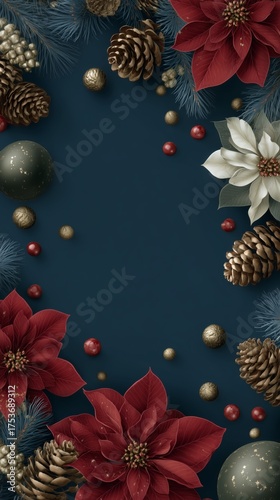 Bright Red Poinsettias and Pinecones Decorate a Festive Blue Background for H...