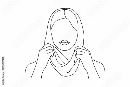 Woman puts on hijab single line vector illustration graphic design