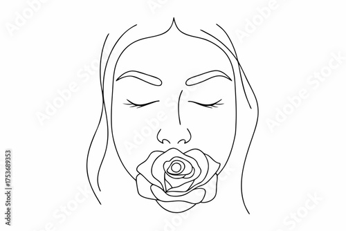 Woman with closed eyes and a rose in her mouth line art