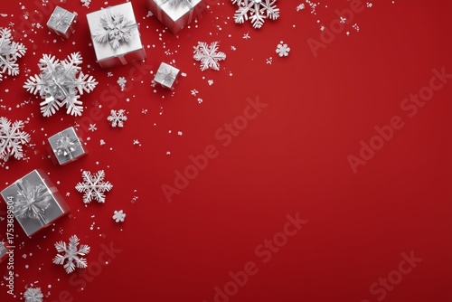 Silver Gifts and Snowflakes Create a Festive Scene on a Bright Red Background...