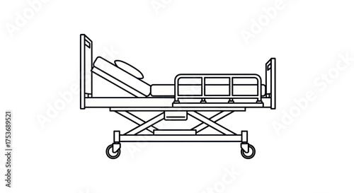 Adjustable Hospital Bed with Wheels and Rails.