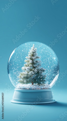 Beautiful Snow Globe With a Decorated Christmas Tree on a Blue Background
