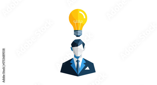 Businessman with a bright idea symbolized by a glowing light bulb above his head.