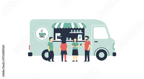 People Queueing at a Light Blue Food Truck with an Awning.
