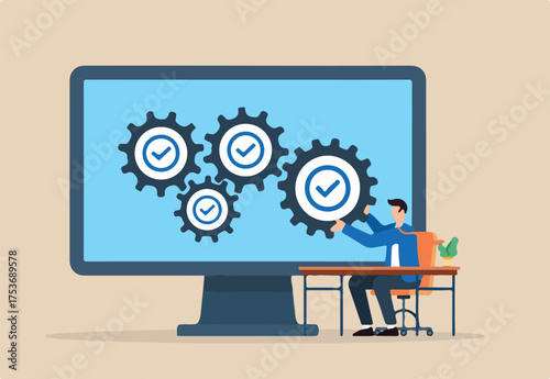 Flat illustration of remote worker assembling checklist gears inside virtual machine on desktop screen to represent task automation and workflow optimization