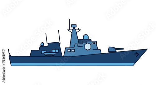 Modern blue naval warship illustration side profile of a military combat vessel with armaments.