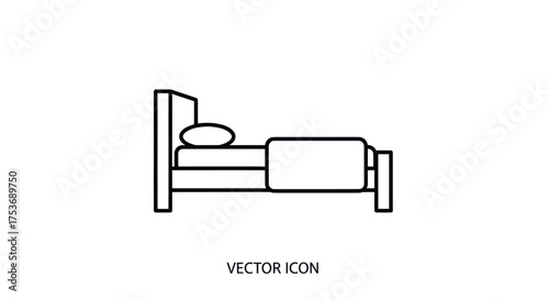 Simple Line Art Icon of a Bed with Pillow and Blanket.