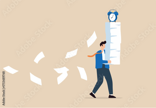 Businessman carrying heavy documents and paperwork, with alarm clock deadline atop pile. Concept of workload, overworked office routine, aggressive deadlines leading to exhaustion and burnout