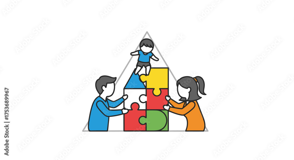 Obraz premium Family building a house with puzzle pieces symbolizing unity and teamwork.