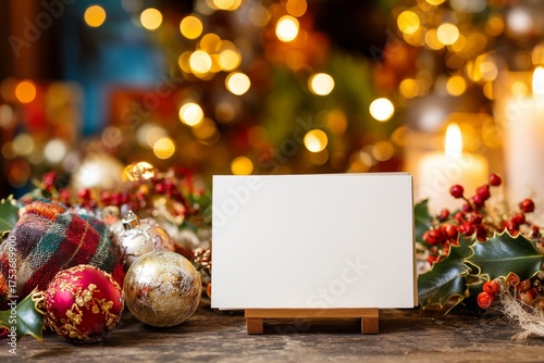 Festive Holiday Scene With Blank Card, Ornaments, and Candles in Warm, Glowin...