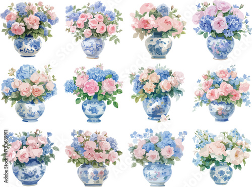 Watercolor Pink and Blue Floral Arrangements in Chinoiserie Vases