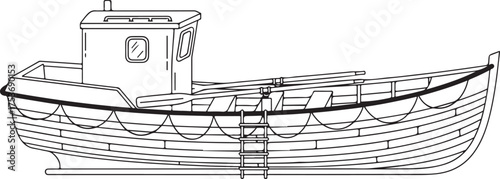 Line Art Drawing of a Classic Steam Train on Railway Tracks in a Landscape