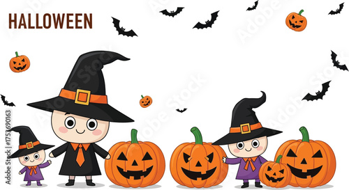 Vector art of happy halloween characters with pumpkins and bats