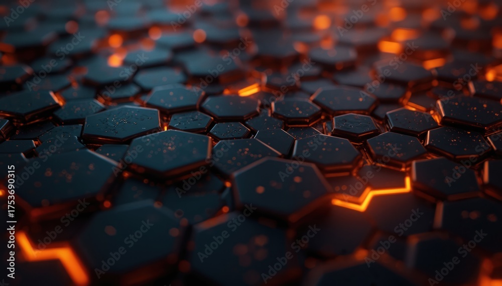 Fototapeta premium Dark hexagonal grid with glowing orange lines emanates futuristic tech feel. Abstract pattern depth, creating sense of advanced digital space. Seamlessly textured surface suitable for science