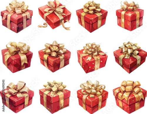 Watercolor Red and Gold Gift Boxes Clipart