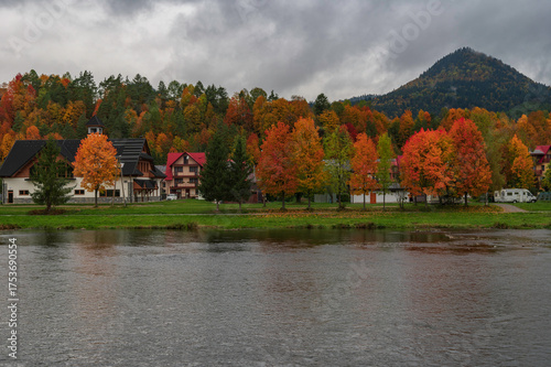 Autumn Scenery in Pieniny National Park: Panoramic View of Three Crowns Peak and Dunajec River near Red Monastery (Cerveny Klastor)