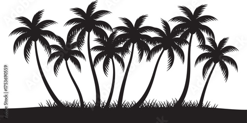 Palm Tree Island Silhouette Scene – Black Tropical Coconut Trees on Beach Hill, Exotic Paradise Landscape for Summer Vacation Poster, T-shirt Sublimation, and Travel Illustration Design
