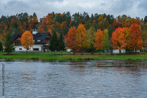 Autumn Scenery in Pieniny National Park: Panoramic View of Three Crowns Peak and Dunajec River near Red Monastery (Cerveny Klastor)