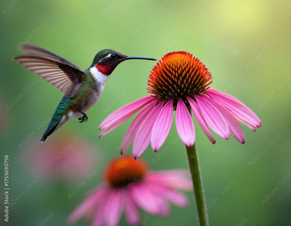 Fototapeta premium Ruby throated hummingbird hovers near pink coneflower. Tiny bird drinks nectar from blooming plant. Small wildlife visits garden, seeking sweet fluid from blossom.