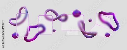 3D screen frames in glass morphism style, vector transparent matt plate for text space with purple floating shapes UI UX