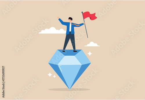 Flat illustration of businessman hold winning flag on giant diamond symbolizing value proposition success