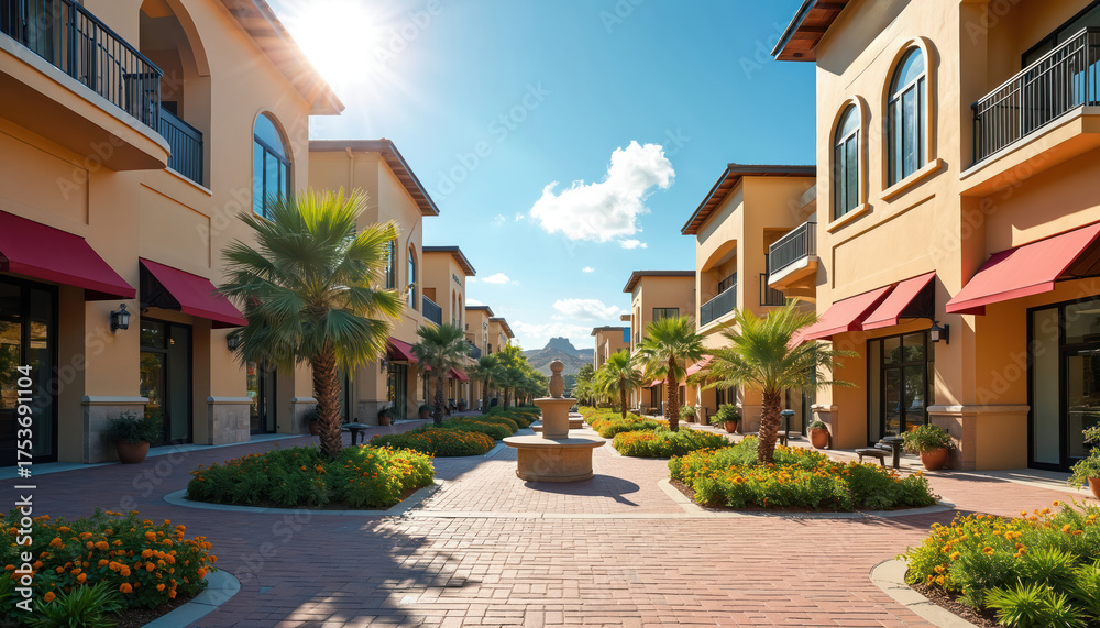 Fototapeta premium Sunny courtyard with shops, palm trees, flowers, and fountain. Paved walkways lead between Tuscan-style buildings with red awnings, offering a pleasant retail experience.