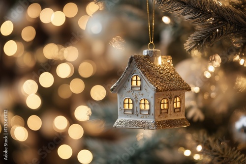 Decorative House Ornament Hanging on a Christmas Tree With Warm Glowing Lights