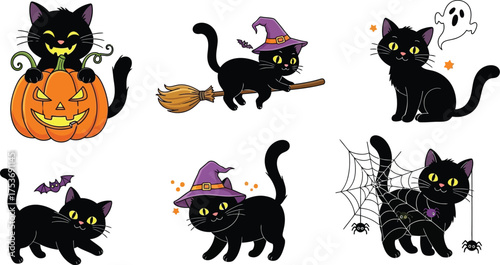 Vector art of set of cute black cats with halloween elements