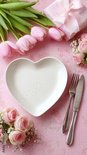 Heart-shaped Plate Set on a Pink Table With Flowers and Gift for a Romantic O...