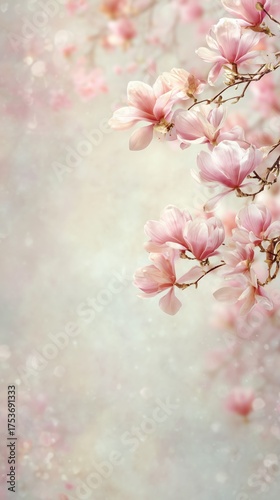 Blooming Pink Magnolia Flowers in Soft Light During Springtime Garden Scene