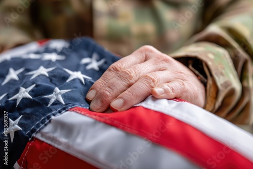 Soldier's hand respectfully folding the American flag, showcasing dedication and honor, with a blurred military uniform in the background, symbolizing patriotism and service