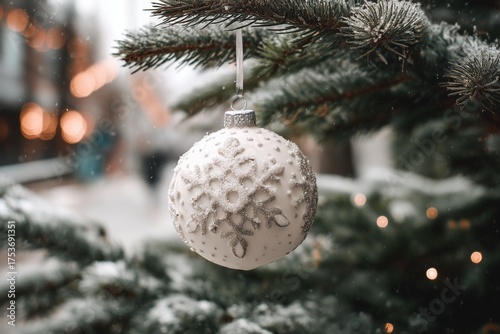 White Ornament Hanging on Christmas Tree Branches With Soft Glow of Lights