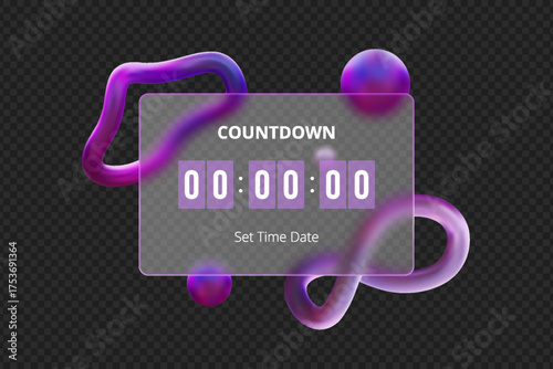 3D timer on a glass panel with volumetric, flowing purple shapes and morphism.
