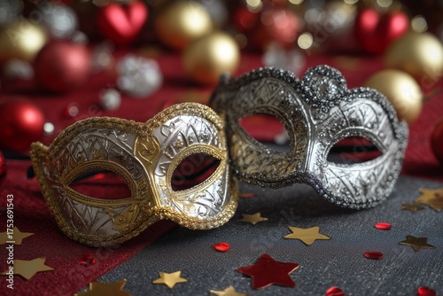 Festive Masks Displayed on a Colorful Table for a Celebration or Party Event