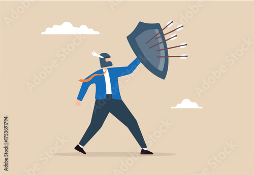 Flat illustration of strong businessman with armor and shield defend against incoming bow arrow protection from threat