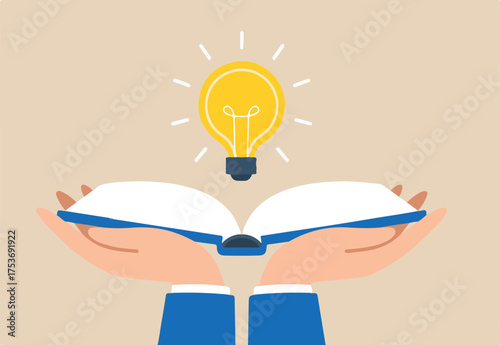 Flat illustration of hand holds open book to discover lightbulb idea representing knowledge and learning for inspiration