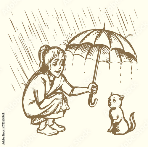 Vector Drawing. Girl Covering Kitty From Rain