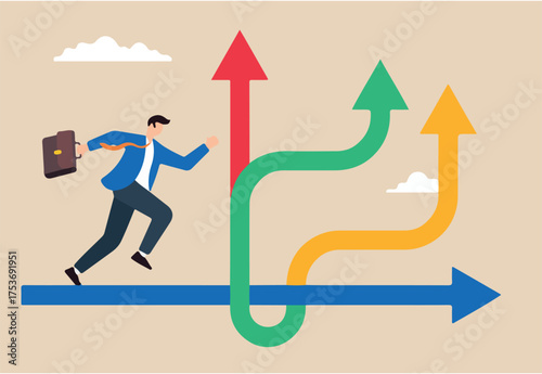 Flat illustration of businessman runs towards different arrow pathways making career decisions for future growth and success