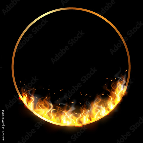 Fire frame in the shape of ring, circle fiery frame, burning clipping mask round border, vector gold frame light effect
