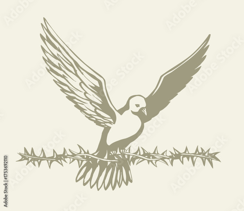 Vector drawing. Dove with thorn in the sky