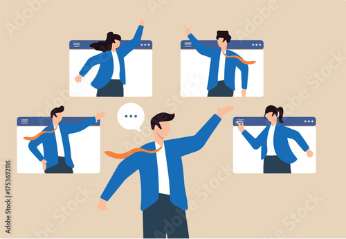 Flat illustration of business people collaborate virtually working with third party vendor achieve success client colleague supplier provider partner