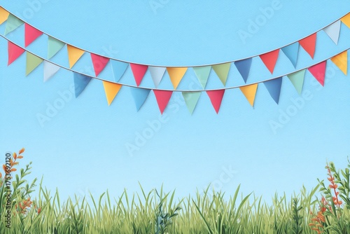Colorful Triangular Flags Decorate a Clear Sky Over Lush Grass in a Festive O...