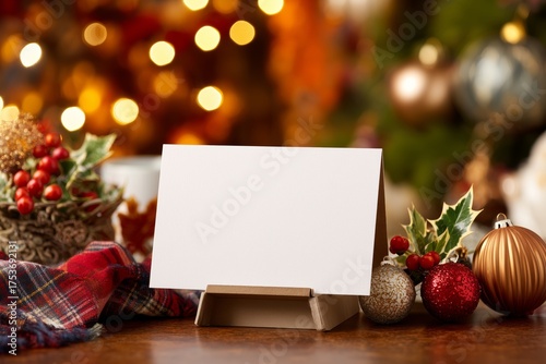Festive Holiday Scene With Blank Card, Ornaments, and Candles in Warm, Glowin...