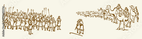 Vector drawing. Meeting of two tribes