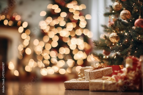 Festive Holiday Scene With Decorated Christmas Tree and Wrapped Gifts by Warm...