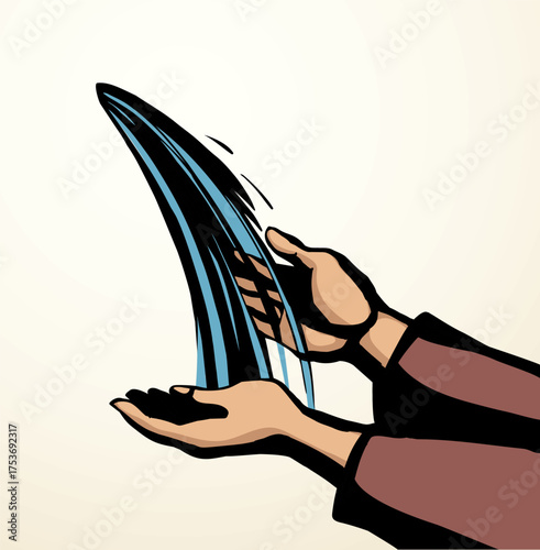 Vector drawing. Water fall on the hands
