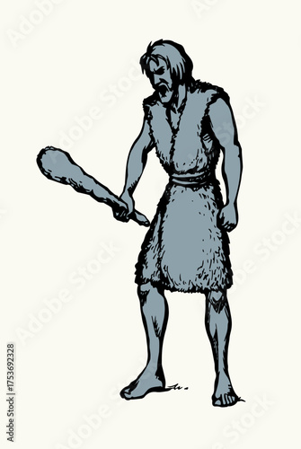 Vector drawing. Ancient man with a club