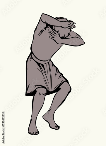Vector drawing. Man protect himself from the wind