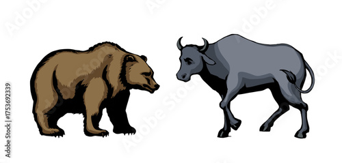 Vector drawing. Big cow and bear